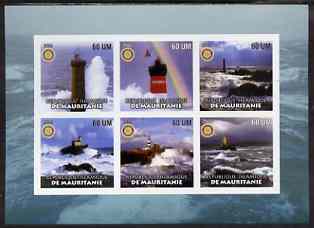 Mauritania 2002 Lighthouses #2 imperf sheetlet containing set of 6 values (green background) each with Rotary logo, unmounted mint, stamps on lighthouses, stamps on rotary, stamps on rainbows, stamps on helicopters