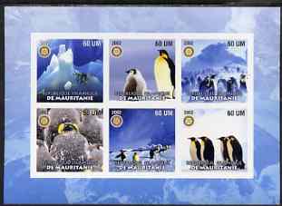 Mauritania 2002 Penguins #2 imperf sheetlet containing 6 values each with Rotary logo, unmounted mint, stamps on , stamps on  stamps on birds, stamps on  stamps on penguins, stamps on  stamps on polar, stamps on  stamps on rotary
