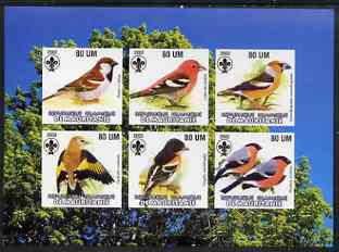 Mauritania 2002 Song Birds imperf sheetlet containing 6 values each with Scout logo unmounted mint, stamps on birds, stamps on scouts