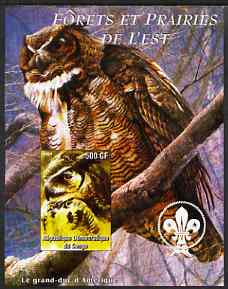 Congo 2004 Birds - Forets et Prairies de LEst #3 (Owl) imperf s/sheet with Scout Logo in background unmounted mint , stamps on birds, stamps on birds of prey, stamps on owls, stamps on scouts