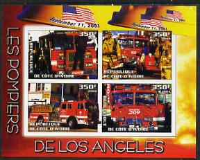 Ivory Coast 2004 Firemen of Los Angeles imperf sheetlet containing 4 values unmounted mint, stamps on fire
