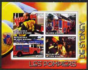 Ivory Coast 2004 Firemen of Sydney imperf sheetlet containing 4 values unmounted mint, stamps on fire, stamps on 
