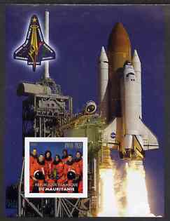 Mauritania 2003 Tribute to Space Shuttle Columbia #2 imperf m/sheet (Team on stamp, Shuttle in background) unmounted mint, stamps on space, stamps on shuttle