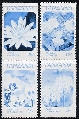 Tanzania 1986 Flowers perf proof set of 4 printed in blue & black only unmounted mint (as SG 474-7), stamps on flowers