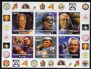 Congo 2003 Famous Persons of NY Masonic Lodge #1 imperf sheetlet containing 6 values unmounted mint (John Glenn, Arnold Palmer), stamps on personalities, stamps on masonics, stamps on golf, stamps on baseball, stamps on space, stamps on masonics, stamps on masonry