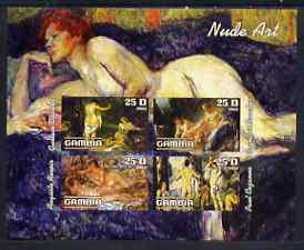 Gambia 2003 Nude Art imperf sheetlet containing 4 values, unmounted mint (Renoir, Courbet, Boucher & Cezanne), stamps on , stamps on  stamps on arts, stamps on  stamps on women, stamps on  stamps on nudes, stamps on  stamps on cezanne, stamps on  stamps on renoir