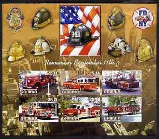 Gambia 2003 Fire Engines - Remember Sept 11th imperf sheetlet containing 6 values, unmounted mint, stamps on fire, stamps on disasters