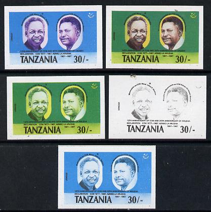 Tanzania 1987 Chama Cha 30s set of 5 imperf progressive proofs comprising single, 2-colour, two 3-colour composites plus all 4 colours unmounted mint as (SG 511), stamps on constitutions