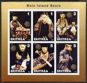 Eritrea 2001 Mole Island Teddy Bears imperf sheetlet #2 containing 6 values (each with Rotary logo) unmounted mint, stamps on bears, stamps on teddy bears, stamps on rotary