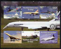 Congo 2004 Aircraft (incl Air France Concorde) imperf sheetlet containing 6 values, with Rotary Logo unmounted mint, stamps on aviation, stamps on concorde, stamps on rotary