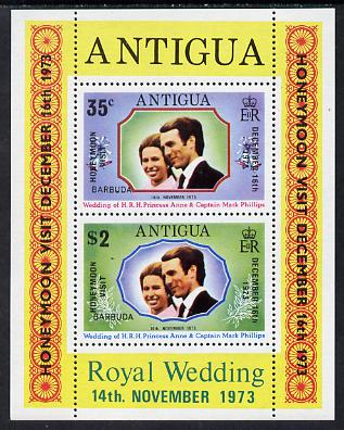 Barbuda 1973 Royal Wedding m/sheet opt'd Honeymoon Visit unmounted mint, SG MS 138, stamps on royalty, stamps on anne & mark, stamps on royal visit