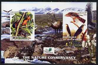 Ivory Coast 2003 The Nature Conservancy imperf m/sheet containing 2 x 500f values (mammals & birds by John Audubon) unmounted mint, stamps on wildlife, stamps on birds, stamps on mammals, stamps on environment, stamps on deer, stamps on audubon
