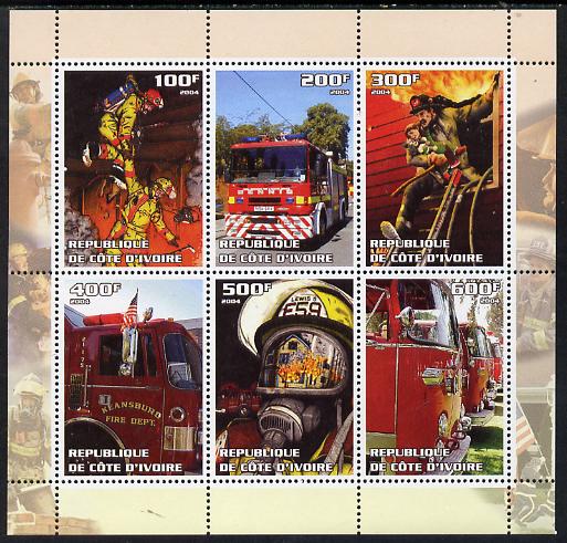 Ivory Coast 2004 Fire Engines perf sheetlet containing set of 6 values unmounted mint, stamps on fire