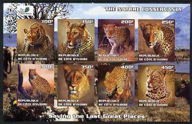 Ivory Coast 2003 The Nature Conservancy imperf sheetlet containing set of 8 values (big cats) unmounted mint, stamps on wildlife, stamps on cats, stamps on environment, stamps on 