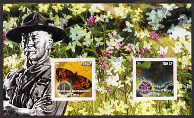 Congo 2004 Butterflies #1 imperf sheetlet containing 2 values with Baden Powell in background, unmounted mint, stamps on butterflies, stamps on scouts