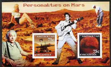 Kyrgyzstan 2003 Personalities on Mars imperf m/sheet containing 2 values unmounted mint (Shows Elvis, Marilyn, Einstein & Tiger Woods), stamps on , stamps on  stamps on music, stamps on  stamps on personalities, stamps on  stamps on elvis, stamps on  stamps on entertainments, stamps on  stamps on films, stamps on  stamps on cinema, stamps on  stamps on golf, stamps on  stamps on science, stamps on  stamps on judaica, stamps on  stamps on marilyn monroe, stamps on  stamps on mars, stamps on  stamps on planets, stamps on  stamps on einstein, stamps on  stamps on nobel, stamps on  stamps on physics, stamps on  stamps on einstein, stamps on  stamps on maths, stamps on  stamps on personalities, stamps on  stamps on einstein, stamps on  stamps on science, stamps on  stamps on physics, stamps on  stamps on nobel, stamps on  stamps on maths, stamps on  stamps on space, stamps on  stamps on judaica, stamps on  stamps on atomics