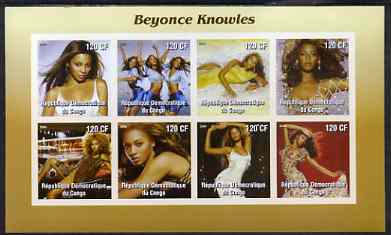 Congo 2004 Beyonce Knowles imperf sheetlet containing 8 values, unmounted mint, stamps on personalities, stamps on entertainments, stamps on music, stamps on women, stamps on pops