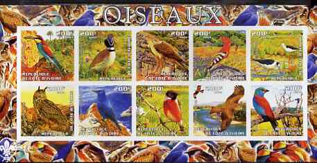 Ivory Coast 2003 Birds imperf sheetlet containing 10 values, Scout logo in margin, unmounted mint, stamps on birds, stamps on birds of prey, stamps on owls