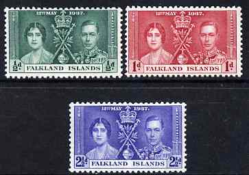 Falkland Islands 1937 KG6 Coronation perf set of 3 unmounted mint, SG 143-45, stamps on royalty, stamps on  kg6 , stamps on coronation