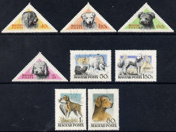 Hungary 1956 Hungarian Dogs set of 8 (4 rectangular & 4 triangular) unmounted mint SG 1448-55, stamps on , stamps on  stamps on animals  dogs      sheepdog    retriever    pumi     triangulars