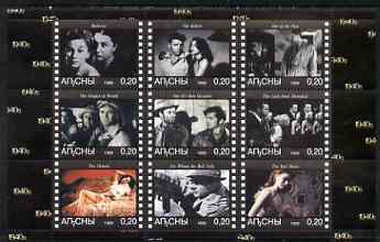 Abkhazia 1999 Movies from the 1940's perf sheetlet containing 9 values unmounted mint (Burt Lancaster, Henry Fonda, Orson Wells, etc), stamps on films, stamps on cinema, stamps on music, stamps on entertainments, stamps on literature