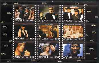 Abkhazia 1999 Movies from the 1970's perf sheetlet containing 9 values unmounted mint (Connery, 007, Marlon Brando, Bruce Lee, etc), stamps on , stamps on  stamps on films, stamps on  stamps on cinema, stamps on  stamps on music, stamps on  stamps on entertainments, stamps on  stamps on literature, stamps on  stamps on , stamps on  stamps on scots, stamps on  stamps on scotland