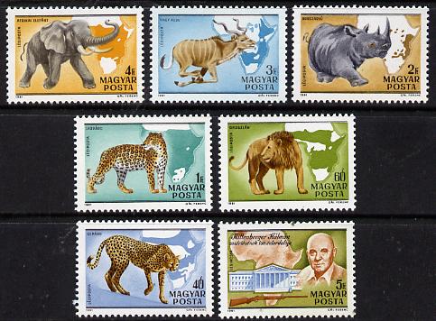 Hungary 1981 Kalman Kittenberger (Explorer & Zoologist) set of 7 (Elephant, Lion) SG 3359-65, stamps on animals    explorers        elephant    zoo    cats, stamps on  zoo , stamps on zoos, stamps on 