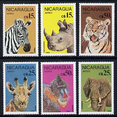 Nicaragua 1986 Endangered Animals set of 6 unmounted mint, SG 2799-2804, stamps on animals, stamps on cats, stamps on tiger, stamps on rhinos, stamps on giraffe, stamps on elephant, stamps on zebra, stamps on tigers