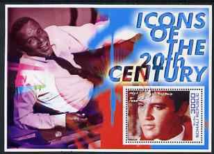Somalia 2001 Icons of the 20th Century #05 perf s/sheet showing Elvis with Sinatra in background cto used, stamps on personalities, stamps on millennium, stamps on music, stamps on elvis, stamps on sinatra