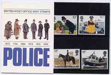 Great Britain 1979 Metropolitan Police 150th Anniversary set of 4 in official presentation pack, stamps on police, stamps on horses, stamps on land rover, stamps on 
