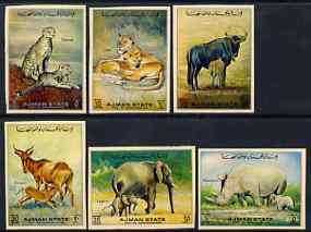 Ajman 1972 Animals imperf set of 6 on toned paper unmounted mint, Mi 1405-10C, stamps on animals, stamps on rhino, stamps on lion, stamps on cheetah, stamps on kongoni, stamps on elephant, stamps on gnu, stamps on cats