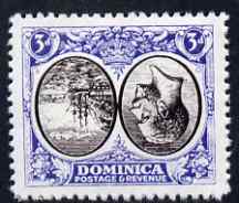 Dominica 1923-33 KG5 Badge 3d black & blue with centre inverted and reversed being a 'Hialeah' forgery on gummed paper (as SG 79var), stamps on , stamps on  stamps on ships, stamps on  stamps on  kg5 , stamps on  stamps on , stamps on  stamps on forgery, stamps on  stamps on forgeries