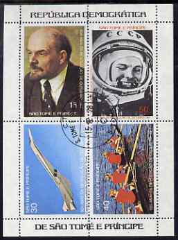 St Thomas & Prince Islands 1977 60th Anniversary of Russian Revolution perf sheetlet of 4 (Lenin, Gagarin, TU144 & Olympic Rowing Team) fine cto used, stamps on revolutions, stamps on lenin, stamps on personalities, stamps on space, stamps on concorde, stamps on aviation, stamps on olympics, stamps on rowing, stamps on sport