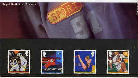 Great Britain 1991 World Student Games & Rugby Cup set of 4 in official presentation pack, stamps on sport   rugby   fencing    hurdles    diving