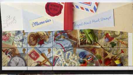 Booklet Pane - Great Britain 1992 Greeting Stamps (Memories) unmounted mint booklet pane of 10 in official presentation pack, stamps on locket   keys   compass   clocks   pen   marbles    jewellry     maps      navigation