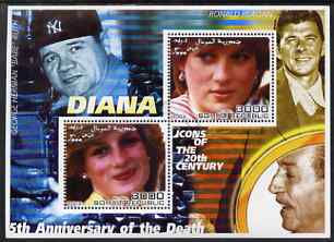 Somalia 2002 Princess Diana 5th Anniversary of Death #04 perf sheetlet containing 2 values with Babe Ruth, Ronald Reagan & Walt Disney in background fine cto used, stamps on personalities, stamps on millennium, stamps on films, stamps on cinema, stamps on disney, stamps on royalty, stamps on diana, stamps on baseball, stamps on 