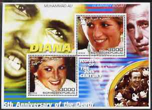 Somalia 2002 Princess Diana 5th Anniversary of Death #05 perf sheetlet containing 2 values with Muhammad Ali, Bogart & Walt Disney in background fine cto used, stamps on personalities, stamps on millennium, stamps on films, stamps on cinema, stamps on disney, stamps on royalty, stamps on diana, stamps on boxing, stamps on islam