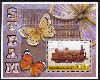 Benin 2006 Early Steam Locos #1 (Gladstone) perf m/sheet with Butterflies in background fine cto used, stamps on railways, stamps on butterflies