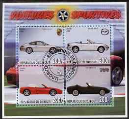 Djibouti 2006 Sports Cars perf sheetlet containing 4 values (Porsche, TVR, Ferrari & Mazda) very fine cto used, stamps on cars, stamps on porsche, stamps on ferrari, stamps on  tvr , stamps on mazda