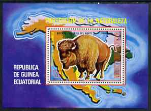 Equatorial Guinea 1977 North American Animals (Buffalo) perf m/sheet, slight gum disturbance from backing paper, MI BL 271, stamps on animals, stamps on buffalo, stamps on bison, stamps on bovine, stamps on maps, stamps on americana