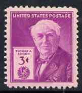 United States 1947 Birth Centenary of Thomas A Edison (scientist) 3c unmounted mint, SG 942, stamps on personalities, stamps on science, stamps on inventors