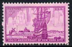 United States 1953 300th Anniversary of Foundation of New York City 3c unmounted mint, SG 1024, stamps on ships, stamps on windmills