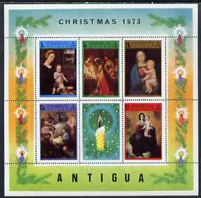 Antigua 1973 Christmas perf m/sheet containing set of 6 unmounted mint, SG MS173, stamps on christmas, stamps on raphael, stamps on murillo, stamps on arts, stamps on candles