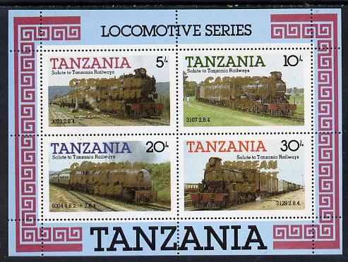Tanzania 1985 Locomotives unmounted mint perf proof m/sheet with 'Caribbean Royal Visit 1985' opt in gold with opt doubled, stamps on railways, stamps on royalty, stamps on royal visit, stamps on big locos