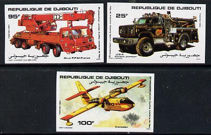 Djibouti 1984 Fire Fighting imperf set of 3 (Fire engine, crane & Aircraft) as SG 929-31, stamps on fire, stamps on transport, stamps on rescue, stamps on aviation