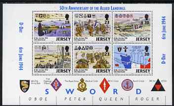Jersey 1994 50th Anniversary of D-Day perf booklet pane containing set of 6 unmounted mint SG 659b, stamps on militaria, stamps on ships, stamps on  ww2 , stamps on aviation, stamps on spitfires, stamps on maps