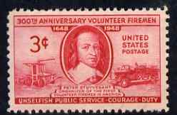 United States 1948 300th Anniversary of Organization of Volunteer Firemen 3c unmounted mint, SG 968, stamps on fire, stamps on cigarettes, stamps on tobacco