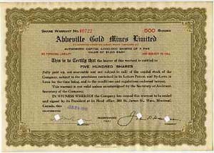 Abbeville Gold Mines Ltd share certificate (500 shares) dated Jan 29 1938 (size 11x8), stamps on minerals, stamps on mining, stamps on gold