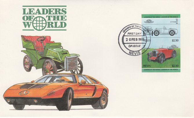 Nevis 1985 $2.50 MG Midget (1930) imperf se-tenant pair on illustrated cover with first day cancel (as SG 261a) very few imperfs are known on cover, stamps on cars, stamps on  mg , stamps on 