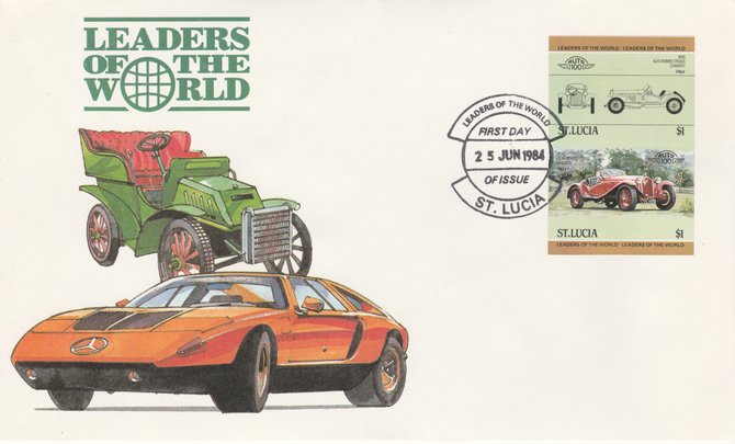 St Lucia 1984 Cars #1 (Leaders of the World) $1 Alfa Romeo (1930) imperf se-tenant pair on illustrated cover with first day cancel (as SG 707a) very few imperfs are known on cover, stamps on cars, stamps on alfa romeo
